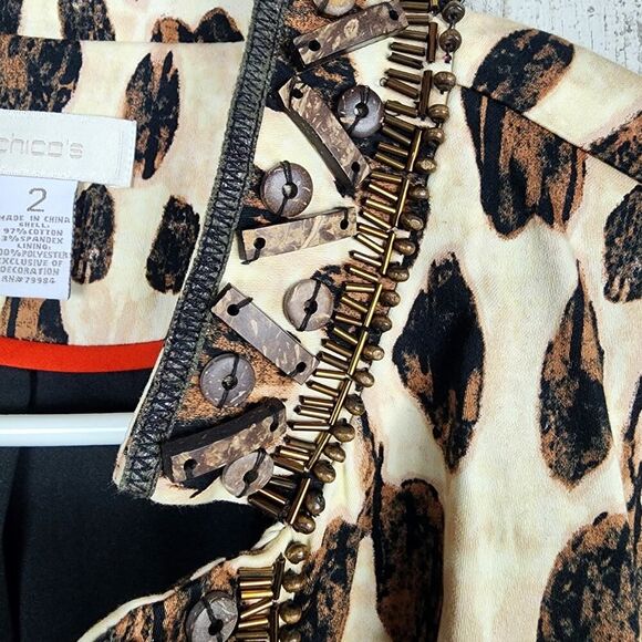 Chico's Beaded Artisan Tribal Animal Print Blazer Jacket Size 2 - Picture 4 of 11